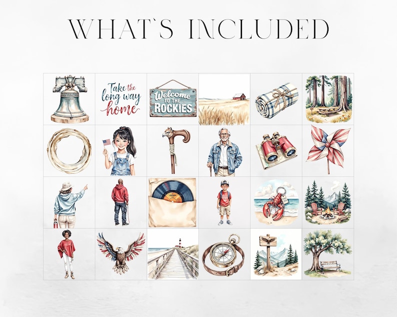 May include: Watercolor illustrations of various Americana themes, including a bell, a sign that says "Welcome to the Rockies", a girl holding a flag, a compass, a lighthouse, and a bald eagle. The text "WHAT'S INCLUDED" is at the top.