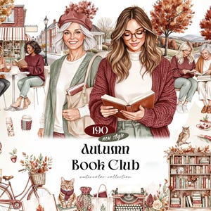 Op de afbeelding: Een digitale illustratiecollectie getiteld Autumn Book Club met aquarelachtige afbeeldingen van mensen die boeken lezen, een fiets met een mand vol bladeren, een boekenplank, een typemachine, een kat en diverse herfstthema-accessoires.