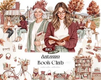 Autumn Book Club Watercolor Clipart Bundle, 190 Cozy Reading PNGs