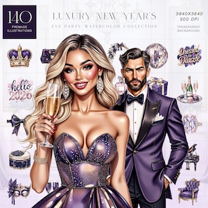 Pode incluir: Ilustração digital de um casal glamouroso em trajes formais, com champanhe e elementos temáticos de festa. A imagem inclui o texto "Luxury New Year's" e "hello 2026". A paleta de cores é dominada por roxo, dourado e preto.