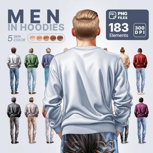 Men in Hoodies Clipart-Set, 183 PNG-Dateien, 5 Hauttonvariationen, digitale Rückansicht-Illustrationen, kommerzielle Nutzung, 300 DPI