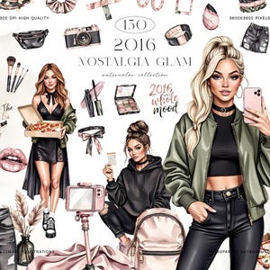 Könnte beinhalten: Digitale Aquarellillustrationen mit Modeartikeln und Accessoires. Das Bild enthält eine Kamera, Make-up, Pizza, Kleidung und den Text "NOSTALGIA GLAM" und "2016 whole mood". Die Illustrationen sind vor transparentem Hintergrund.