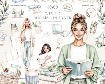 May include: A watercolour illustration of a winter-themed planner collection. The image includes a woman reading a book, a laptop, a coffee cup, and other decorative items. Text includes "160 Winter Bookish Planner" and "Soft Sweaters Sharp Minds."