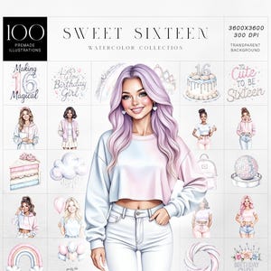 Sweet Sixteen Aquarell Clipart, Geburtstagskind Party Dekor, Pastell 16. Geburtstag PNG Grafiken, Teen Girl Sublimation, kommerzielle Nutzung