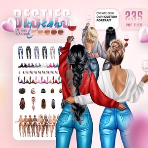 Bundle de cliparts personnalisés Besties in Jeans - 5 couleurs de peau, 235 fichiers PNG, illustrations de mode tendance pour projets DIY et cadeaux