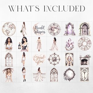 Puede incluir: Ilustraciones en acuarela de varios elementos m&iacute;sticos y et&eacute;reos. La imagen incluye un mapa del mundo, mujeres con vestidos, una luna con texto, un mandala, un portal, un reloj, cristales, una br&uacute;jula, una chimenea y una llave. El texto "WHAT'S INCLUDED" est&aacute; en la parte superior.