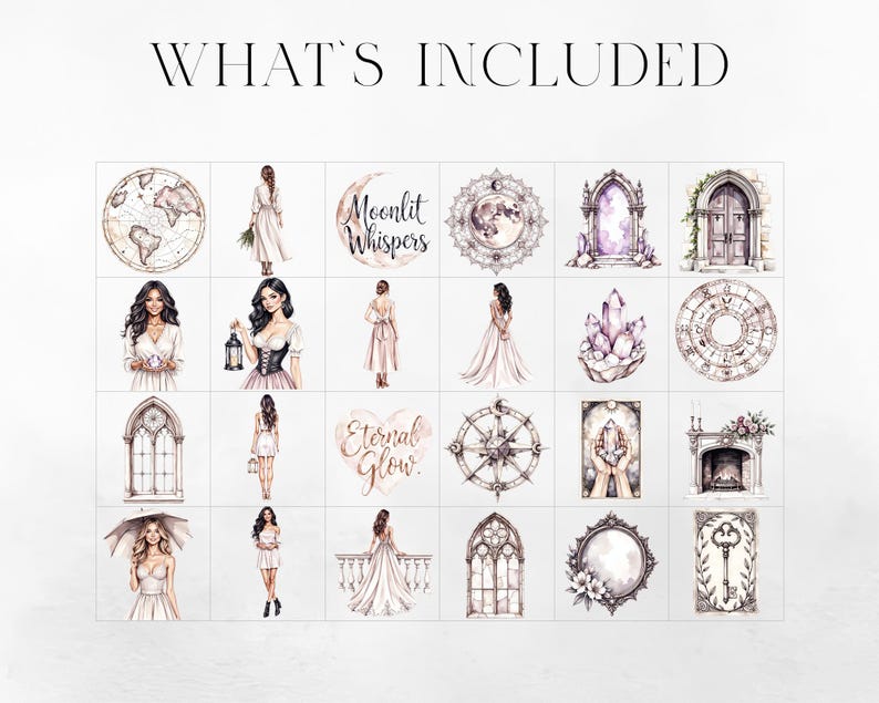 Puede incluir: Ilustraciones en acuarela de varios elementos m&iacute;sticos y et&eacute;reos. La imagen incluye un mapa del mundo, mujeres con vestidos, una luna con texto, un mandala, un portal, un reloj, cristales, una br&uacute;jula, una chimenea y una llave. El texto "WHAT'S INCLUDED" est&aacute; en la parte superior.