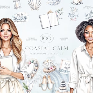 Pode incluir: Coleção em aquarela "Coastal Calm" com ilustrações de conchas, velas e mulheres. A imagem inclui o texto "Let the ocean edit your thoughts" e "Breathe in calm."