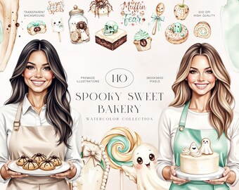 ハロウィンデザート水彩クリップアートセット、不気味なパン屋と甘いお菓子のイラスト