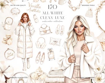 All White Fashion Watercolor Illustrations Bundle, Clean Luxe Vanilla Aesthetic Clipart