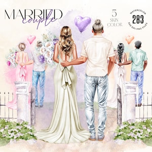 Vermähltes Paar Aquarell Clipart, Braut und Bräutigam Hochzeit Illustration, anpassbare, PNG Dateien, digitale Hochzeitskunst