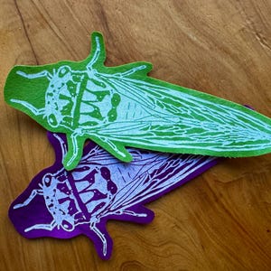 May include: Two flat, die-cut insect-shaped patches featuring a detailed white line-art print of a cicada. One patch is vibrant green, and the other is deep purple. The insects are depicted with prominent wings, segmented bodies, and legs.