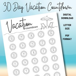 Vacation Countdown, Printable Vacation Countdown, 30 Day Countdown, Travel Calendar, Days Until Trip