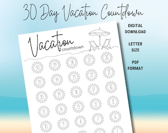 Vacation Countdown, Printable Vacation Countdown, 30 Day Countdown, Travel Calendar, Days Until Trip