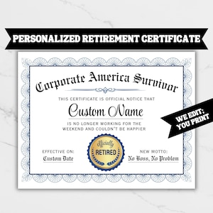 Certificat de départ à la retraite personnalisé - cadeau imprimable drôle de récompense de retraite ou livre d'or pour un collègue, un patron, un employé ou un ami à la retraite