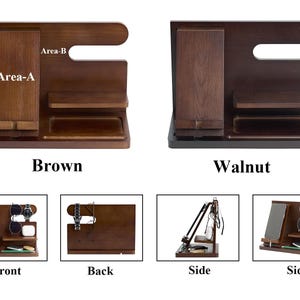 May include: Wooden desk organizer in brown and walnut finishes. Features a phone stand, watch holder, and tray. The design includes a curved top and multiple compartments for accessories. The image shows front, back, and side views.