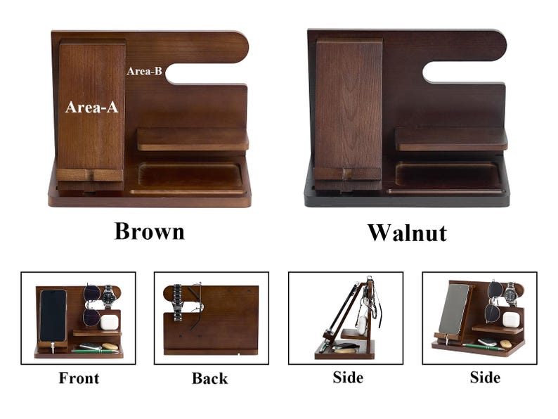 May include: Wooden desk organizer in brown and walnut finishes. Features a phone stand, watch holder, and tray. The design includes a curved top and multiple compartments for accessories. The image shows front, back, and side views.