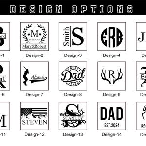 May include: A collection of 15 design options, each in a square frame. Designs include initials, names, and graphics like a baseball player, deer antlers, and a spider. The text "DESIGN OPTIONS" is at the top.