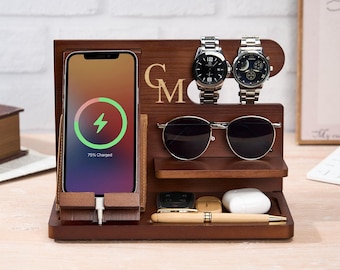 Estación de acoplamiento personalizada para él, soporte de escritorio personalizado, estación de acoplamiento de madera grabada, regalo de San Valentín para esposo, novio, papá
