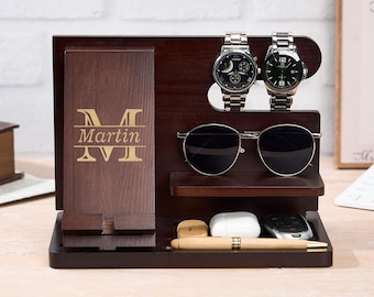 Personalized Docking Station For Him,Custom Desk Storage Stand,Engraved Wood Docking Station,Valentine‘s Day Gift For Him Husband Boyfriend
