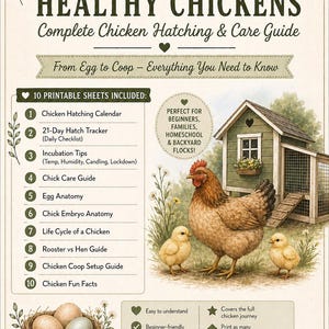 Peut inclure: Guide illustré intitulé « Élevez des poulets heureux et en bonne santé ». L'image présente une poule avec des poussins, un poulailler et un nid avec des œufs. Le guide comprend 10 feuilles imprimables sur les soins, l'éclosion et l'anatomie des poulets.