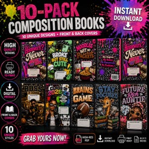 Könnte beinhalten: Ein digitales 10er-Pack Kompositionshefte mit einzigartigen grafischen Designs auf Vorder- und Rückseite. Jedes Heft enthält ein Etikett für persönliche Angaben. Die Sammlung ist als hochauflösendes PDF formatiert und druckbereit.
