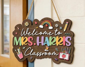 Letrero 3D personalizado para puerta de aula de profesor, colgador de madera personalizado de bienvenida para profesor, letrero con nombre de profesor