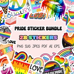 May include: A set of 28 pride-themed stickers featuring rainbows, peace signs, hearts, and the text "Love Always" and "Jurassic Pride". The stickers are designed for use on laptops, water bottles, and other surfaces.