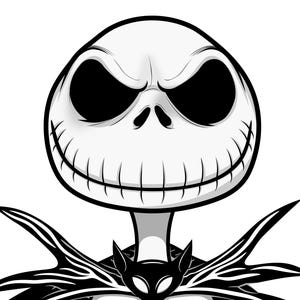 Può includere: Illustrazione in bianco e nero di Jack Skellington, il Re Zucca di The Nightmare Before Christmas, con un ampio sorriso pieno di denti aguzzi. Indossa il suo caratteristico abito bianco e nero con un colletto a punta.