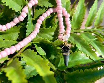 Pink Beaded Gold Shark Tooth Necklace