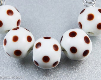 Chocolate Dots Handmade Lampwork Glass Beads, White and Brown Rounds