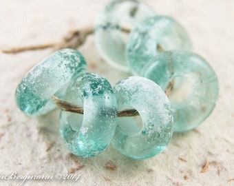 Aquamarine Blue Glass Rings, Large Hole Handmade Lampwork Beads with Aged Patina