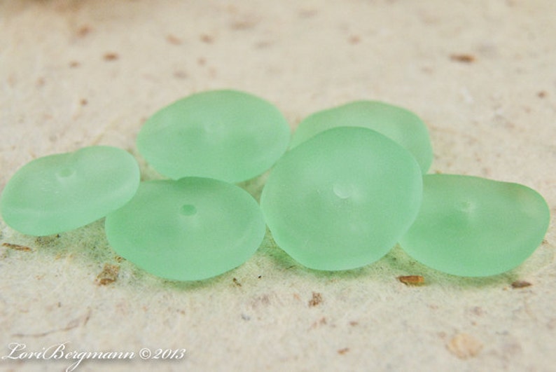 Bottle Green Lampwork Beads, Beach Style Glass Discs, Etched Coin Beads, Handmade image 4