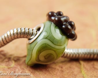 Green Acorn Large Hole Charm Bead, Lampwork Glass, Fall, Autumn, Handmade SRA