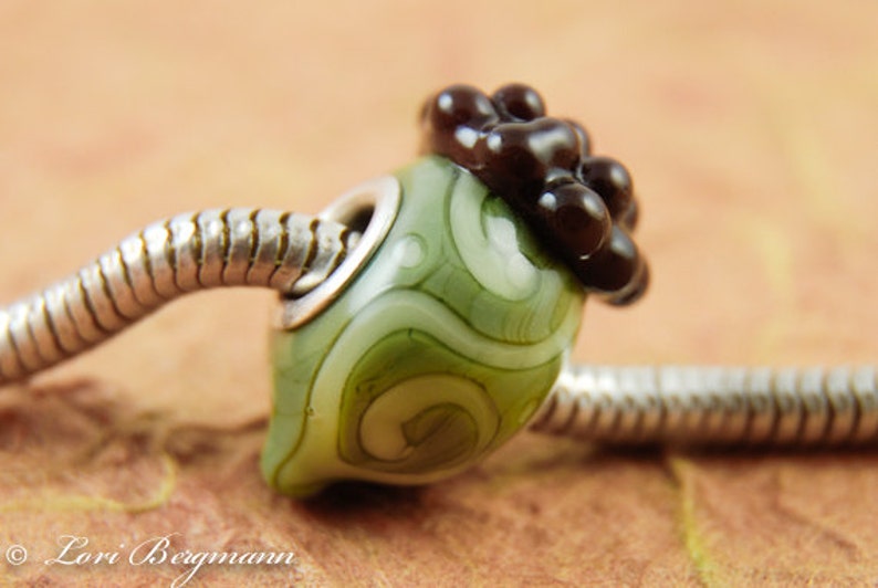 Green Acorn Large Hole Charm Bead, Lampwork Glass, Fall, Autumn, Handmade SRA image 1