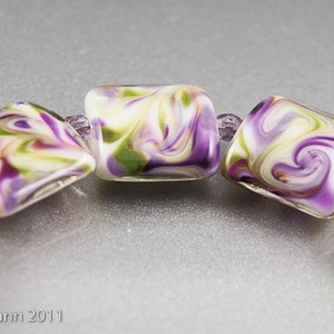 Violet Swirls Handmade Glass Lampwork Beads, Purple and Green Square Nuggets image 3