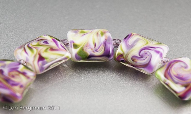 Violet Swirls Handmade Glass Lampwork Beads, Purple and Green Square Nuggets image 3