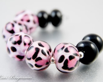 Pink Leopard Lampwork Glass Beads, Animal Print, Black Spacers, Jewelry Supplies, Handmade SRA