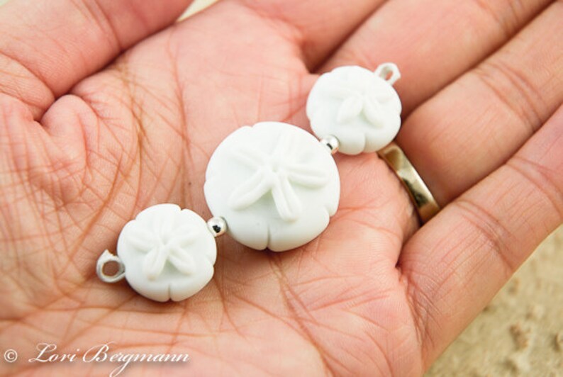 Handmade Sand Dollar Lampwork Bead Set, Soft White Beach Glass, Focal and Earring Pair image 5