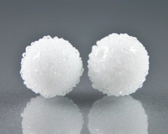 Snowball Lampwork Glass Beads, Earring Pair, White Sugar, Handmade SRA