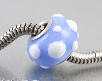 Lampwork European Charm Bead, Blue and White, Raised Dots, Designer Sterling Cored Bracelet Jewelry