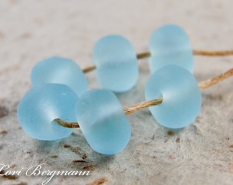 Pale Aqua Lampwork Beads, Faux Beach Glass, Etched Nuggets, Frosted, Handmade SRA