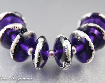 Handmade Lampwork Disc Beads, Gilded Violet Purple Glass, Silver Metallic, SRA