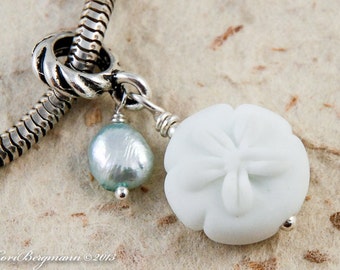 Sand Dollar Big Hole Hanging Charm with Freshwater Pearl, Beachy Handmade Lampwork Bead