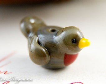 Red Robin Handmade Lampwork Glass Bead, Spring Brown Bird