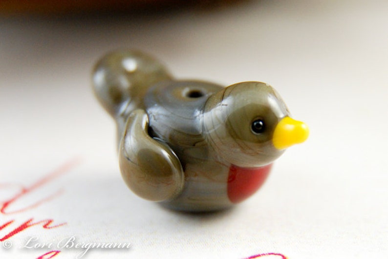 Red Robin Handmade Lampwork Glass Bead, Spring Brown Bird image 1