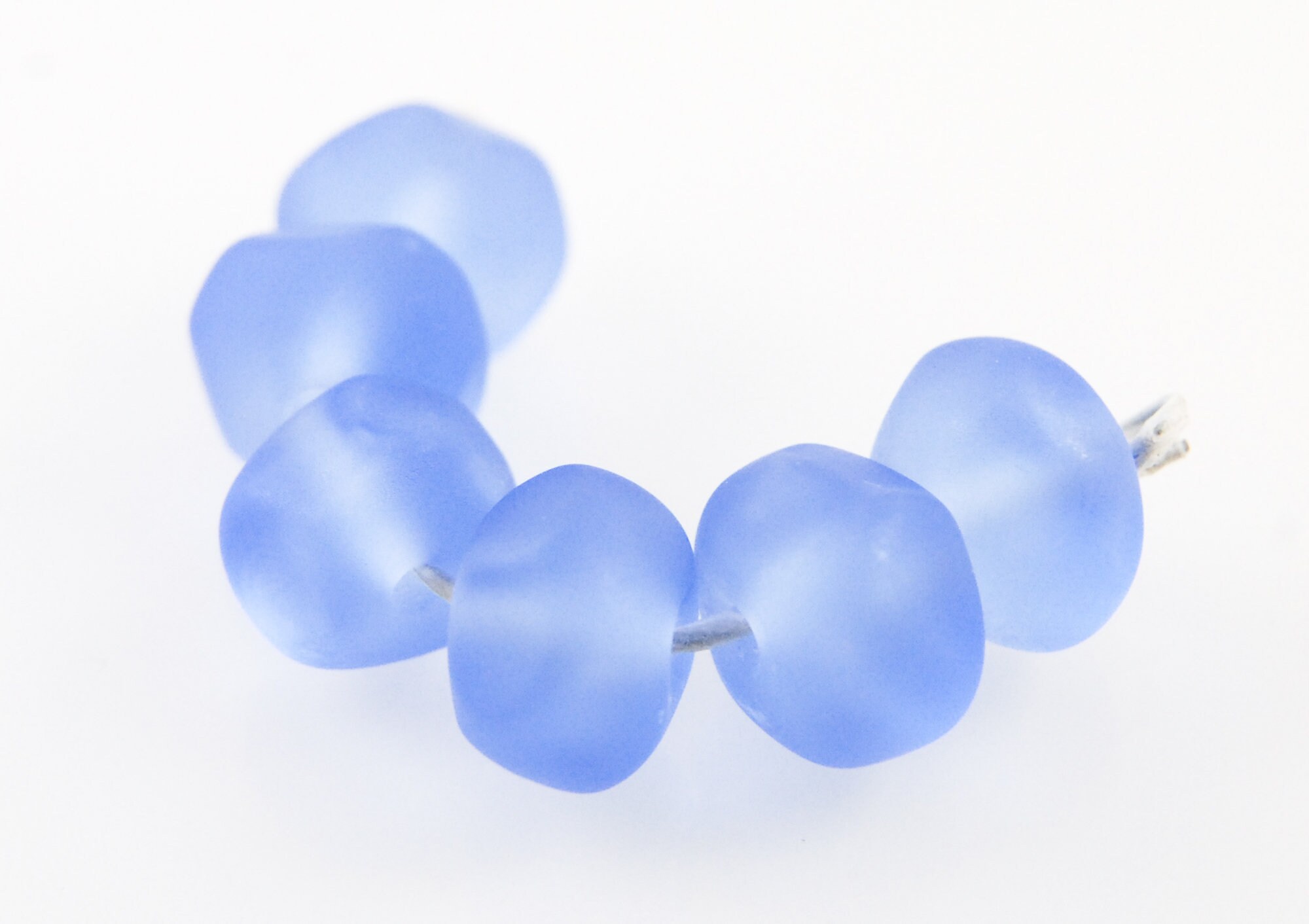 Ocean Blue Faux Beach Glass Nuggets, Handmade Lampwork Beads, Frosted Etched