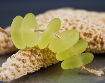 Pale Green Handmade Lampwork Beads, Organic faux Sea Glass Discs, Etched, SRA