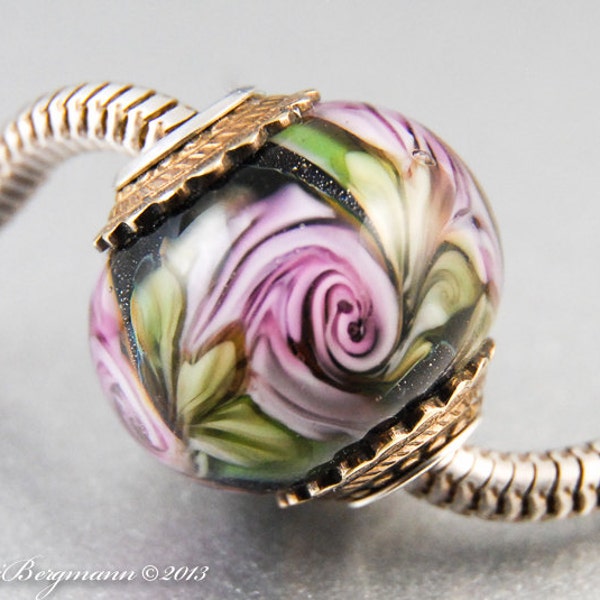 Pale Pink Rose European Charm Bead Handmade Lampwork Flowers Sterling Core Big Hole Bracelet Jewelry