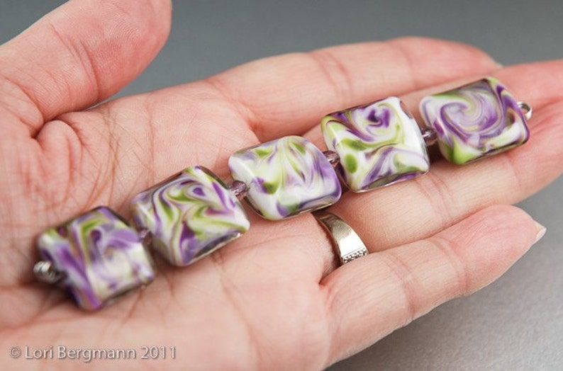 Violet Swirls Handmade Glass Lampwork Beads, Purple and Green Square Nuggets image 5